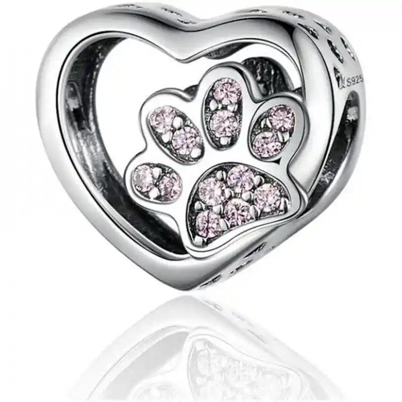 Charm Corazon Con Huellita Rosa, Plata 925