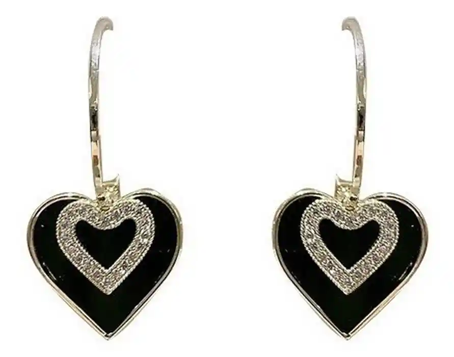 Aros Corazon Negro Zirconia Estilo Coreano