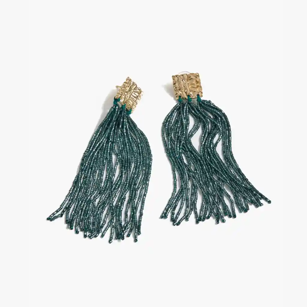 Aros Mujer Mostacillas Brillantes Verde Petróleo