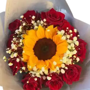 Bouquet De 10 Rosas Y 1 Girasol