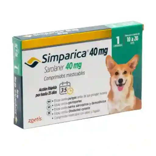 Simparica, Antiparasitario Oral Masticable Para Perros De 10 A 20 Kg (1 Comprimido)
