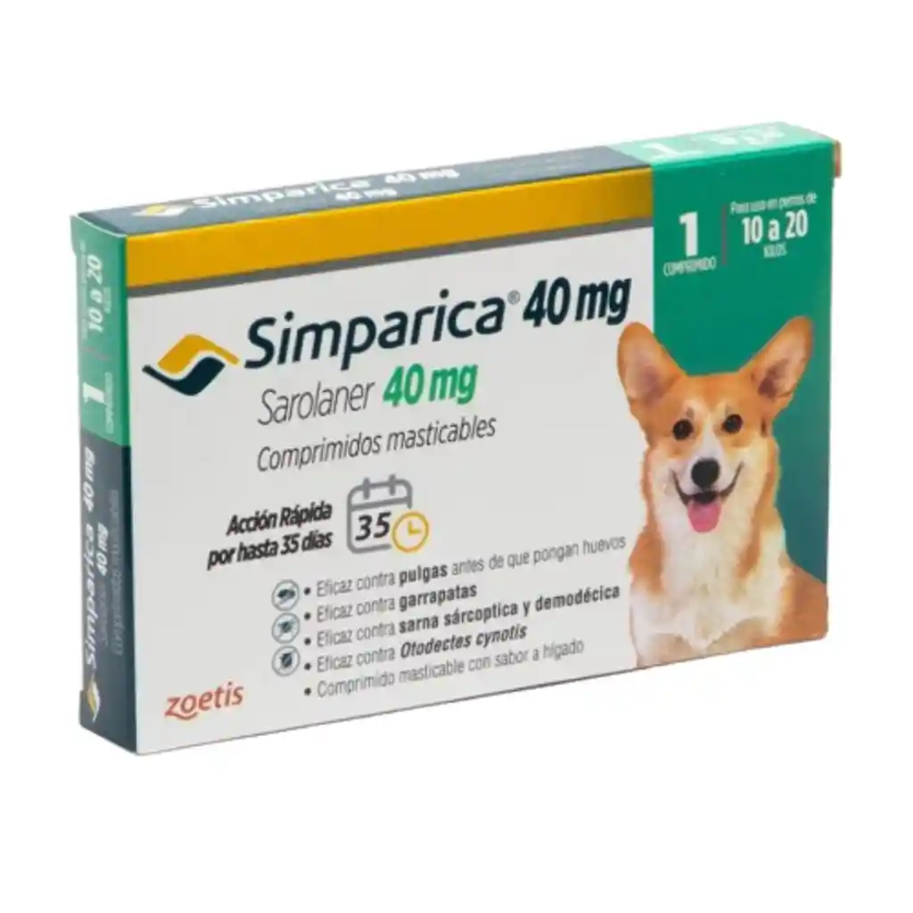 Simparica, Antiparasitario Oral Masticable Para Perros De 10 A 20 Kg (1 Comprimido)