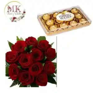 Ramo 12 Rosas Y Bombones Ferrero Rocher 150 Grs