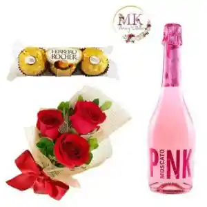 Ramo De 3 Rosas, Bombones Ferrero Rocher 37,5grs Y Espumante Pink 750cc