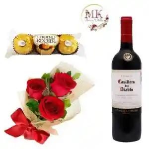 Ramo De 3 Rosas, Bombones Ferrero Rocher 37,5grs Y Vino