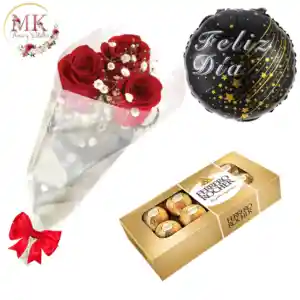 Ramo De 3 Rosas, Bombones Ferrero Rocher 100grs Y Globo