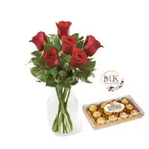 Florero De 6 Rosas Y Bombones Ferrero Rocher 150 Grs