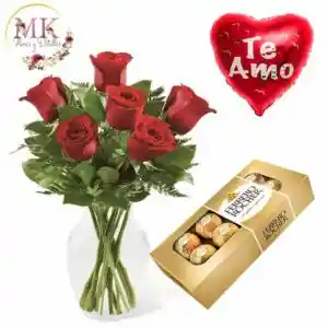 Florero De 6 Rosas Y Bombones Ferrero Rocher 100 Grs