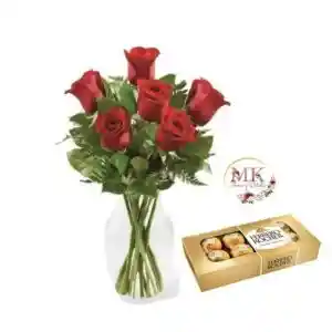 Florero De 6 Rosas Y Bombones Ferrero Rocher 100 Grs