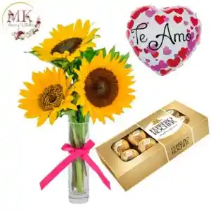 Florero 3 Girasoles, Bombones Ferrero Rocher 100grs Y Globo