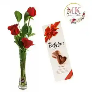 Florero De 3 Rosas Y Chocolate Belgian