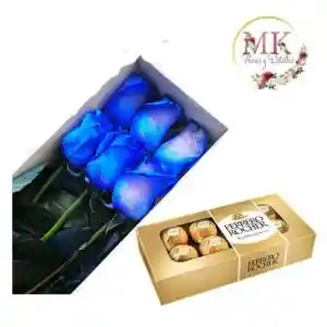 Caja De 6 Rosas Azules Y Bombones Ferrero Rocher 100grs