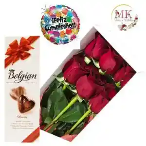 Caja De 6 Rosas, Chocolate Belgian Y Globo