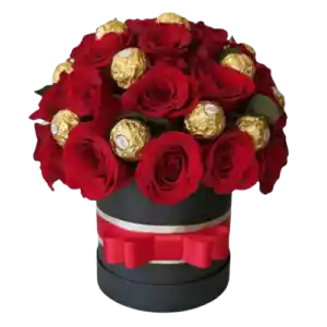 Box Cilindro De 15 Rosas Y 9 Bombones Ferrero Rocher