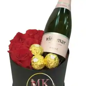 Box Cilindro De 6 Rosas, Bombones Con Espumante Rose 375cc