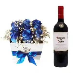 Box Cuadrado 9 Rosas Azules Y Vino 750cc