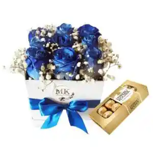 Box Cuadrado 9 Rosas Azules Y Bombones Ferrero Rocher 100grs