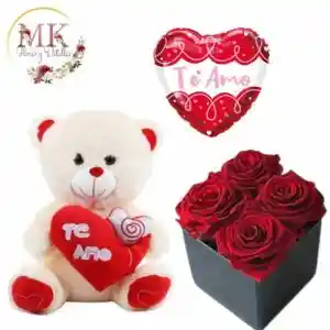 Box Cuadrado 4 Rosas, Peluche Oso 28cm Y Globo