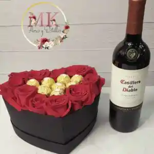 Box Corazón Rosas Y Bombones Más Vino