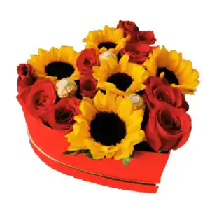 Box Corazón De 9 Rosas, 5 Girasoles Y 3 Bombones