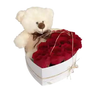 Box Corazón De 10 Rosas Con Peluche 20cm