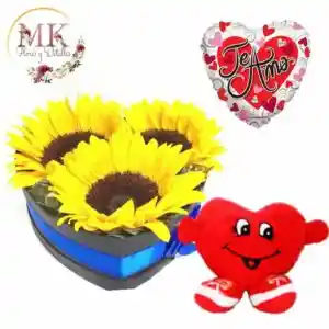 Box Corazón De 3 Girasoles, Peluche Corazón Y Globo