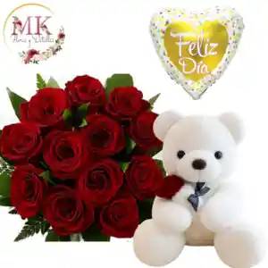 Ramo De 12 Rosas, Peluche Oso 30cm Y Globo