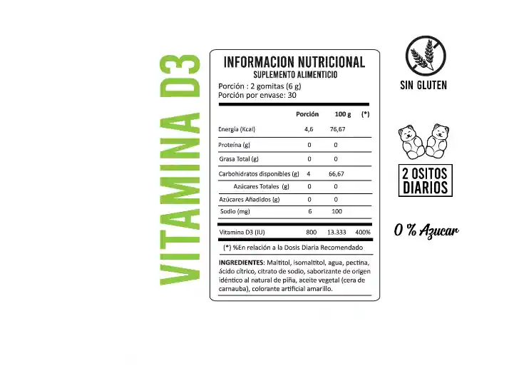 Gomitas Vitamina D3 800 Ui 0% Azucar X 60 Sabor Piñas