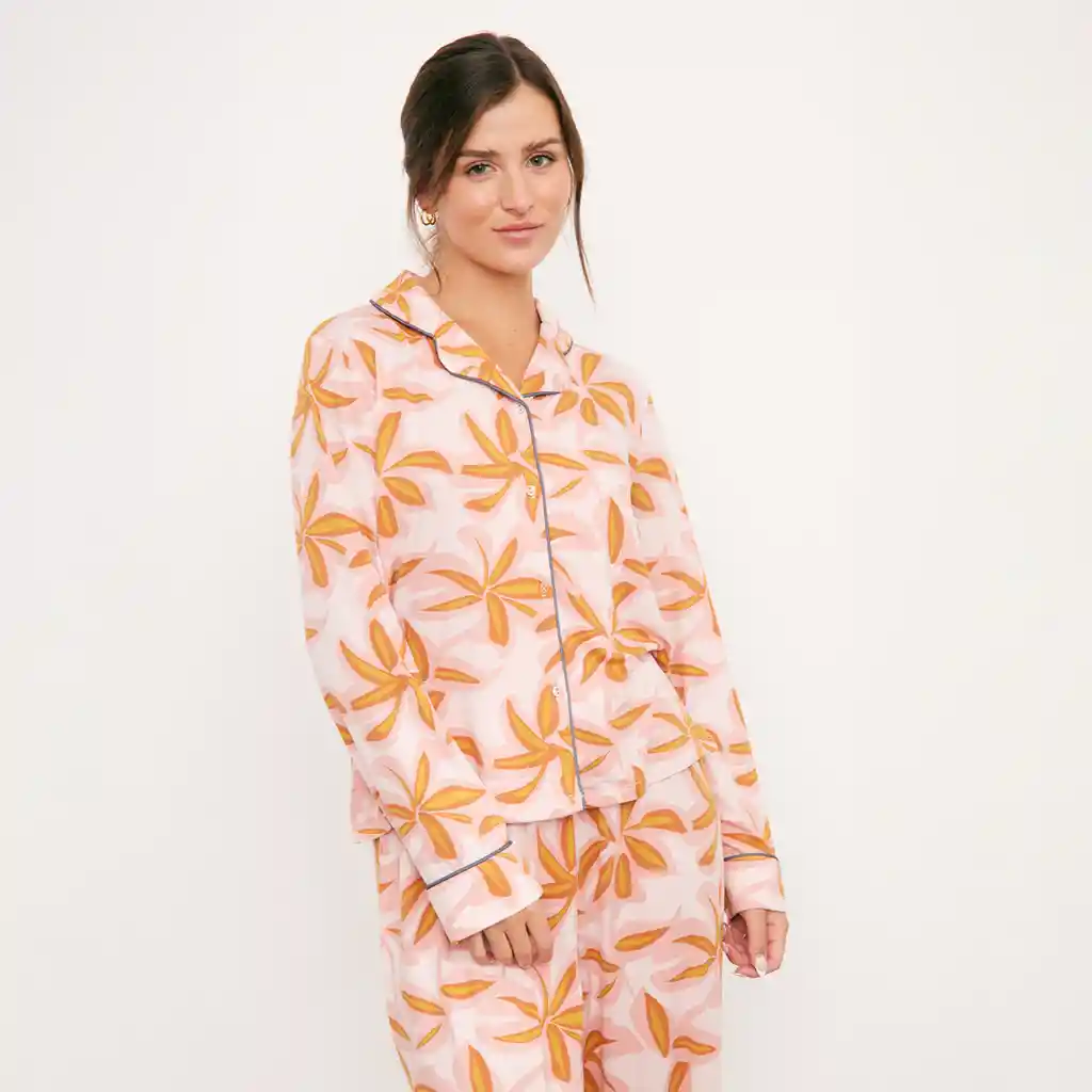 Set Pijama Mujer Largo Pink Flowers Xs Rosado