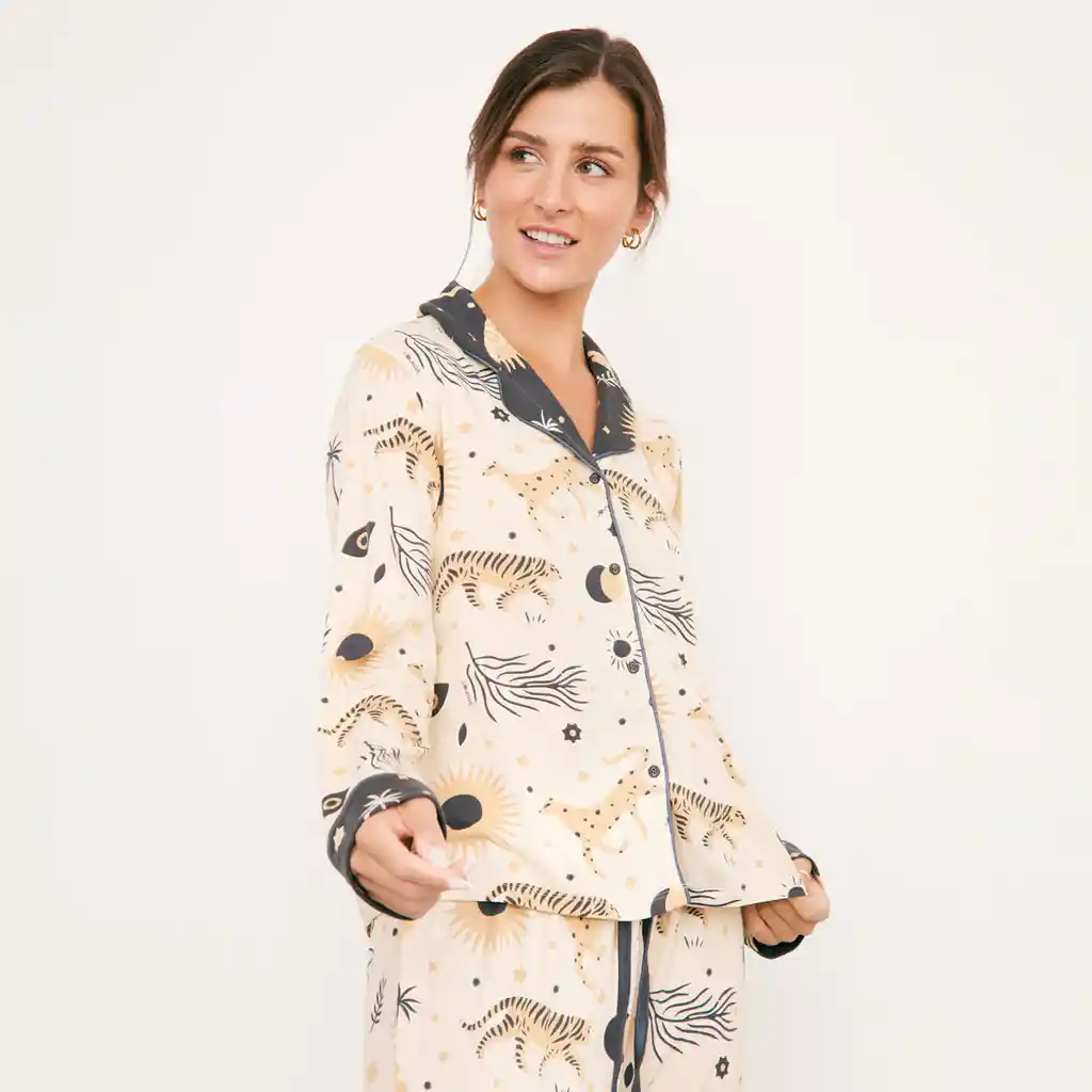 Set Pijama Mujer Largo Mystic Tiger Xl Beige