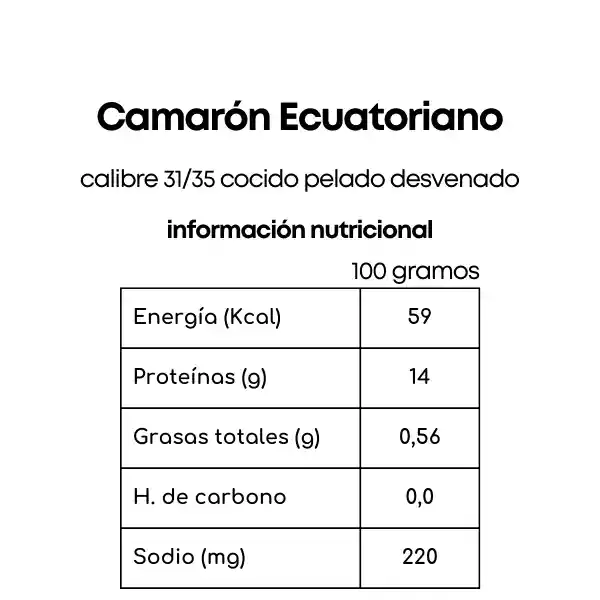 Camarón Ecuatoriano Cocido Pelado Desvenado Calibre 31 / 35 1 Kg.