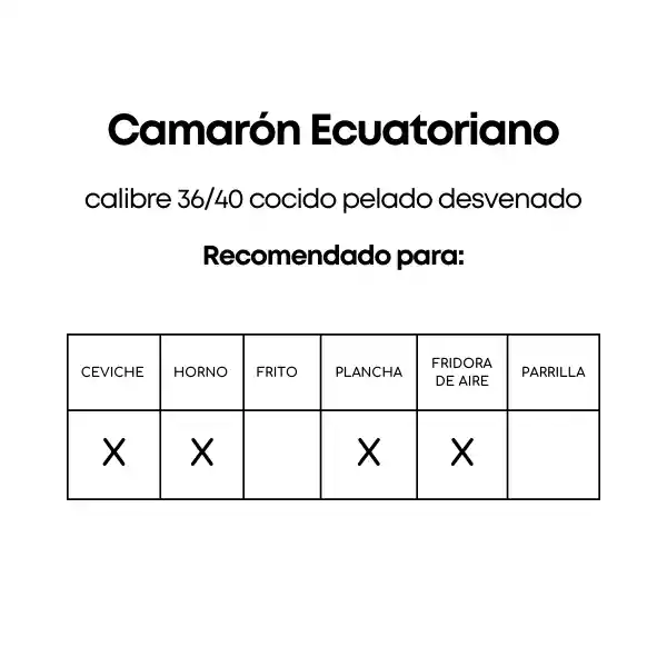 Camarón Ecuatoriano Cocido Pelado Desvenado Calibre 36 / 40 1 Kg.