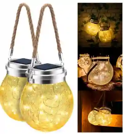 Pack X2 Lampara Colgante Solar Exterior Jarra Vidrio Grieta