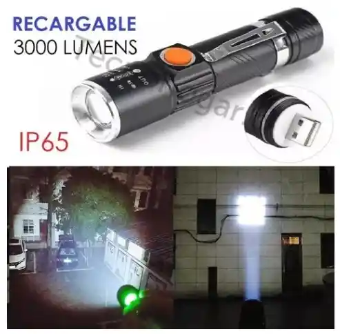 Linterna Led 3000 Lumens Recargable Con Zoom Resiste Lluvia