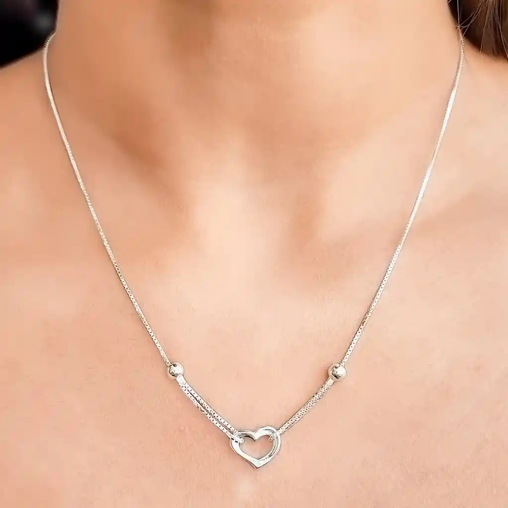 Collar Corazón Bolitas 45cm Plata Fina 925