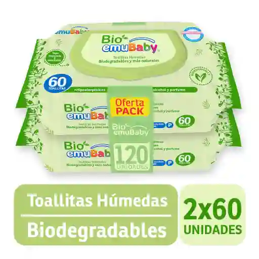 Toallas Húmedas Para Bebé Emubaby Biodegradables 2x60 Und