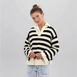 Sweater Polo Cuello Lineas Ecru L