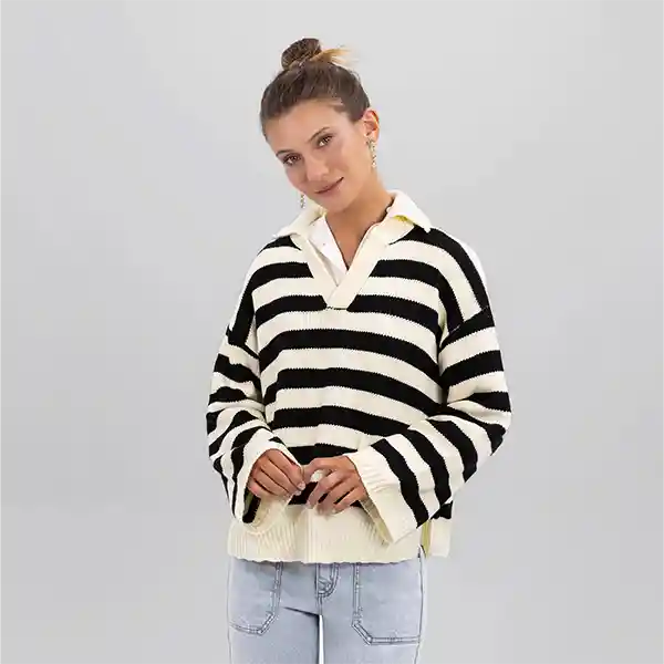 Sweater Polo Cuello Lineas Ecru L