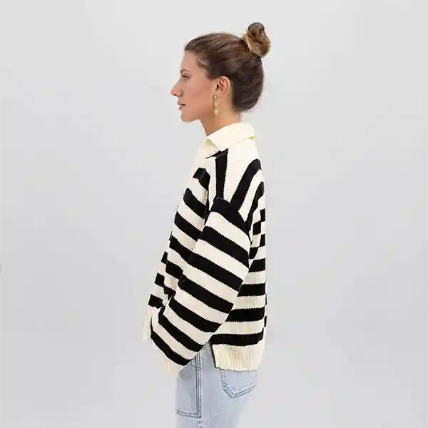 Sweater Polo Cuello Lineas Ecru L