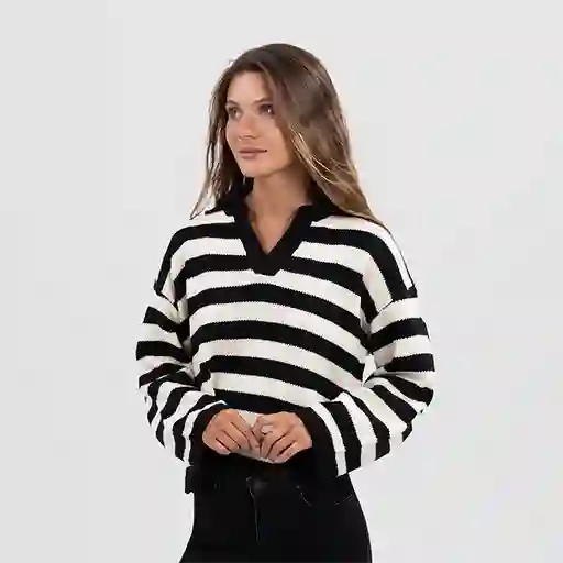 Sweater Polo Cuello Lineas Negro S