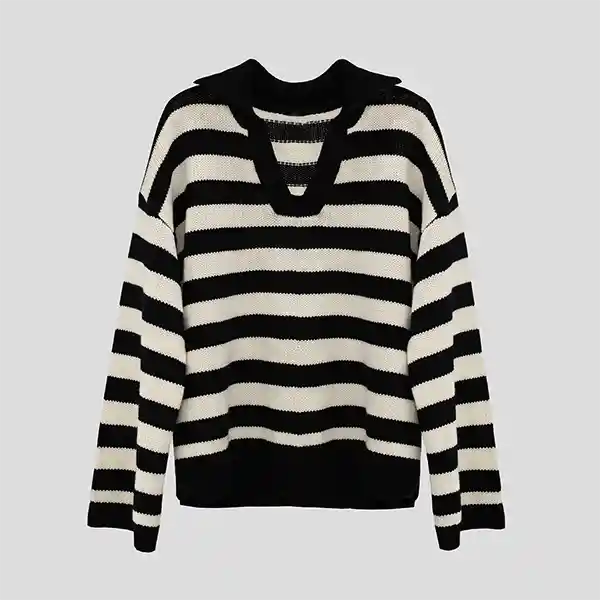 Sweater Polo Cuello Lineas Negro M