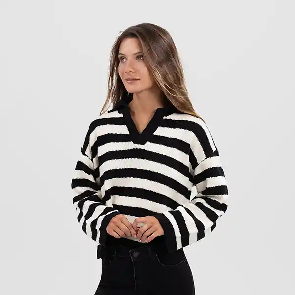 Sweater Polo Cuello Lineas Negro L