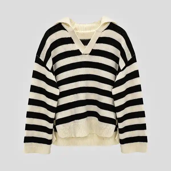 Sweater Polo Cuello Lineas Ecru S
