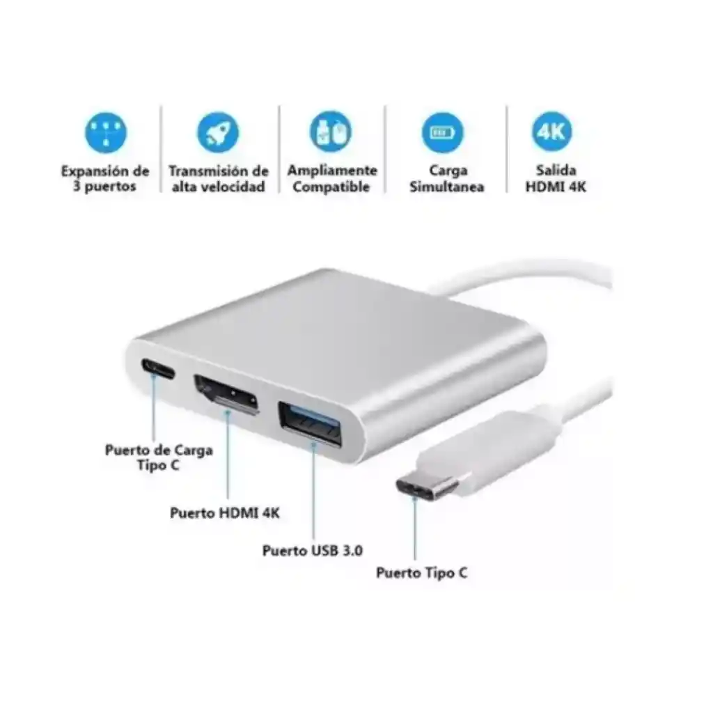 Adaptador Multipuerto 3 En 1 Usb Tipo C 3.0 A Hdmi 4k