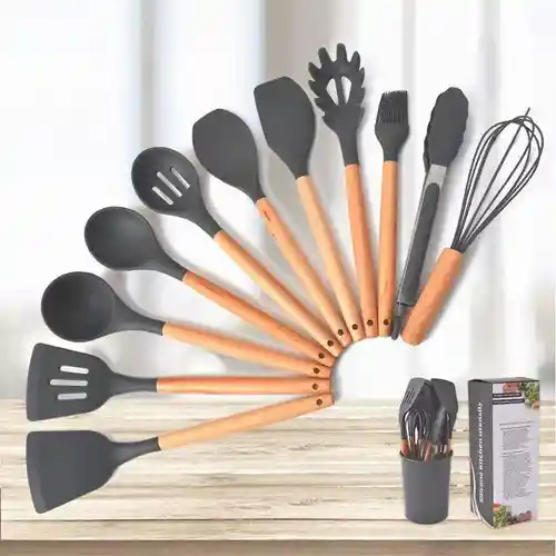 Set 11 Utensilios De Cocina Antiadherentes De Silicona Negro