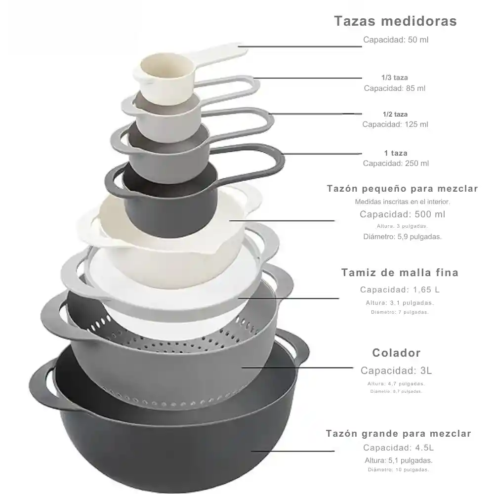 Juego De 8 Tazón Con Tazas Medidoras Multifunción