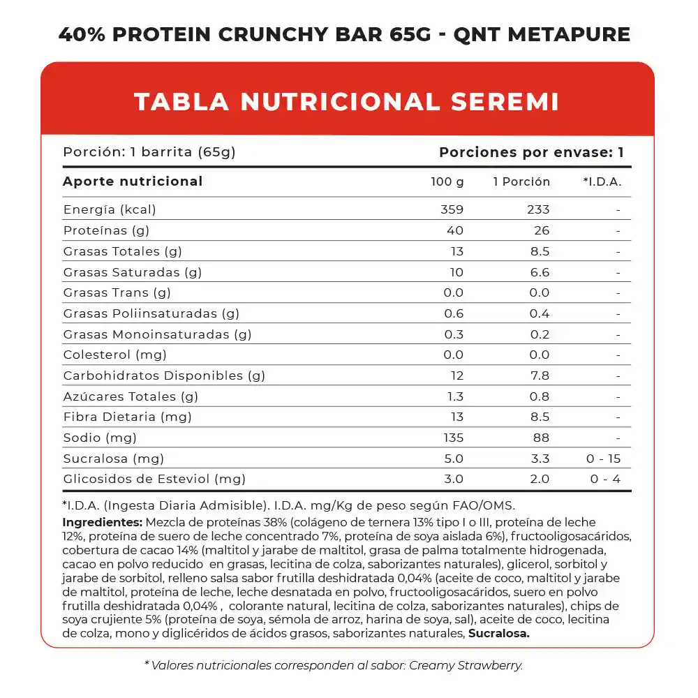 Barrita 40% Protein Crunchy Bar 65g Sabor Creamy Strawberry