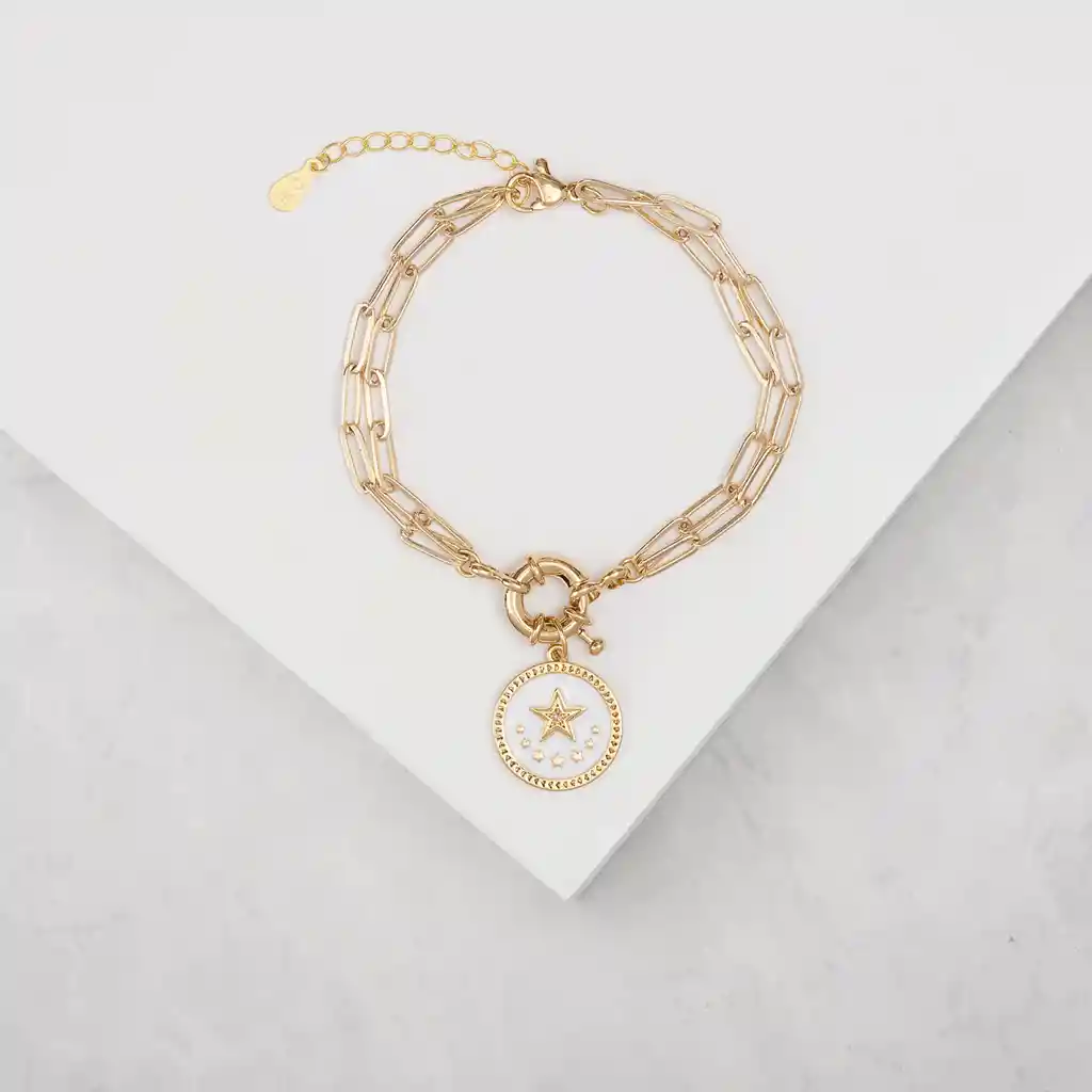 Pulsera Doble Eslabón Con Estrella Blanca