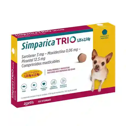 Simparica Trio 5mg 1,3 A 2,5kg 3 Comprimido