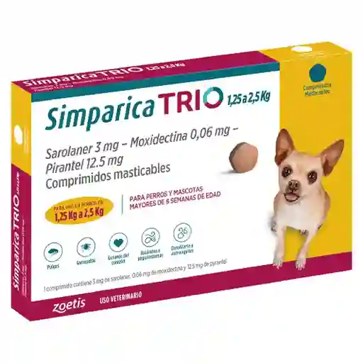 Simparica Trio 5mg 1,3 A 2,5kg 1 Comprimido